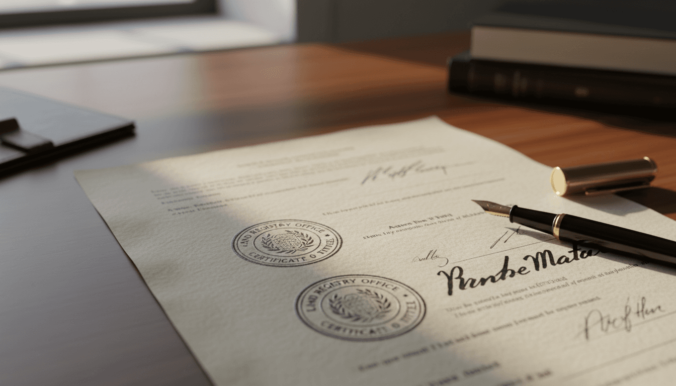 Close-up of property deed and official documentation symbolizing ownership security