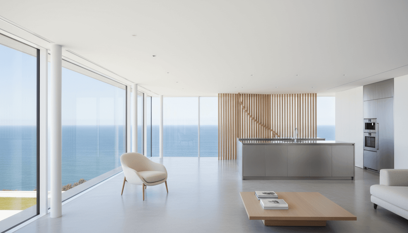 Modern open-plan interior with high ceilings and ocean-facing windows