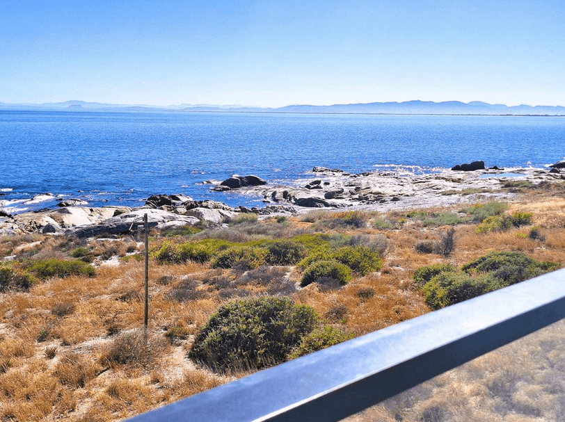 Rocky shoreline with dry coastal vegetation overlooking a calm blue ocean under a clear sky.